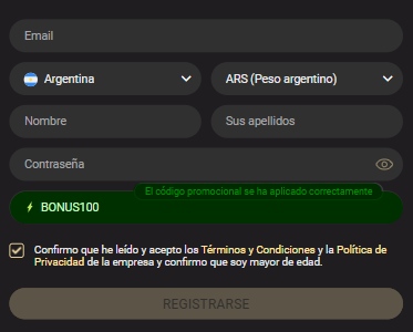 Activación express BONUS100 en 1xSlots